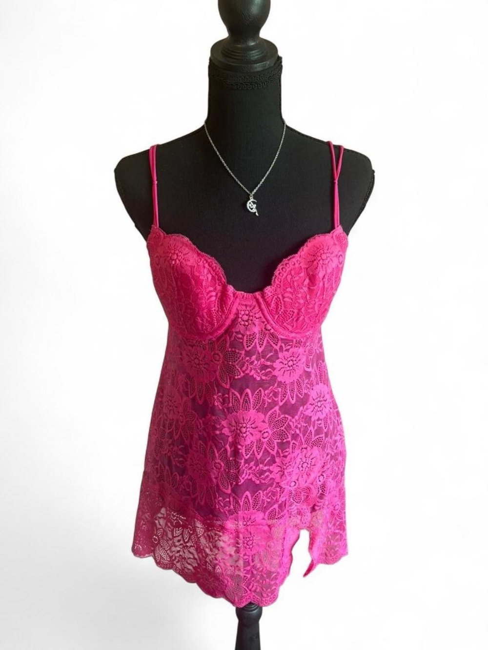 NWT Victorias Secret Hot Pink Floral Lace Lingerie Slip Dress, Size 36C